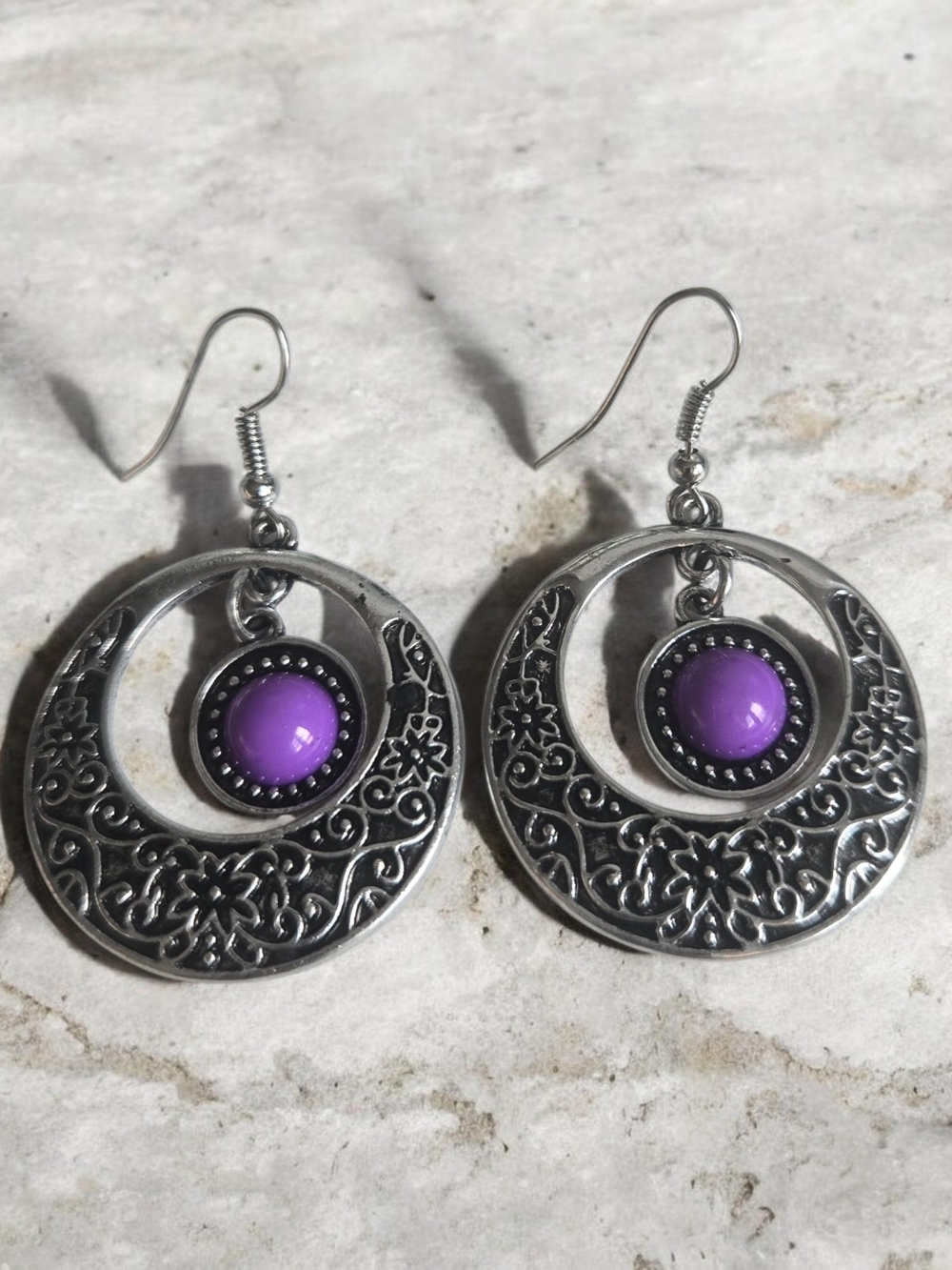 paparazzi Silver Filigree Hoop Earrings with Purple Cabochon